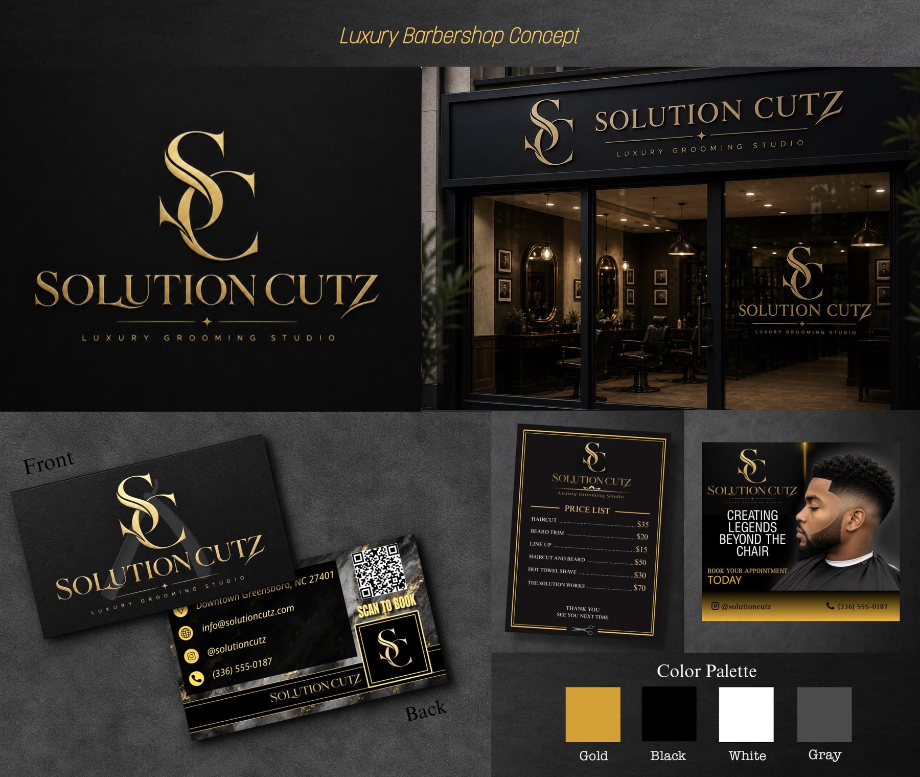 Solution Cutz luxury barbershop brand board with logo, business cards, price list and social ad